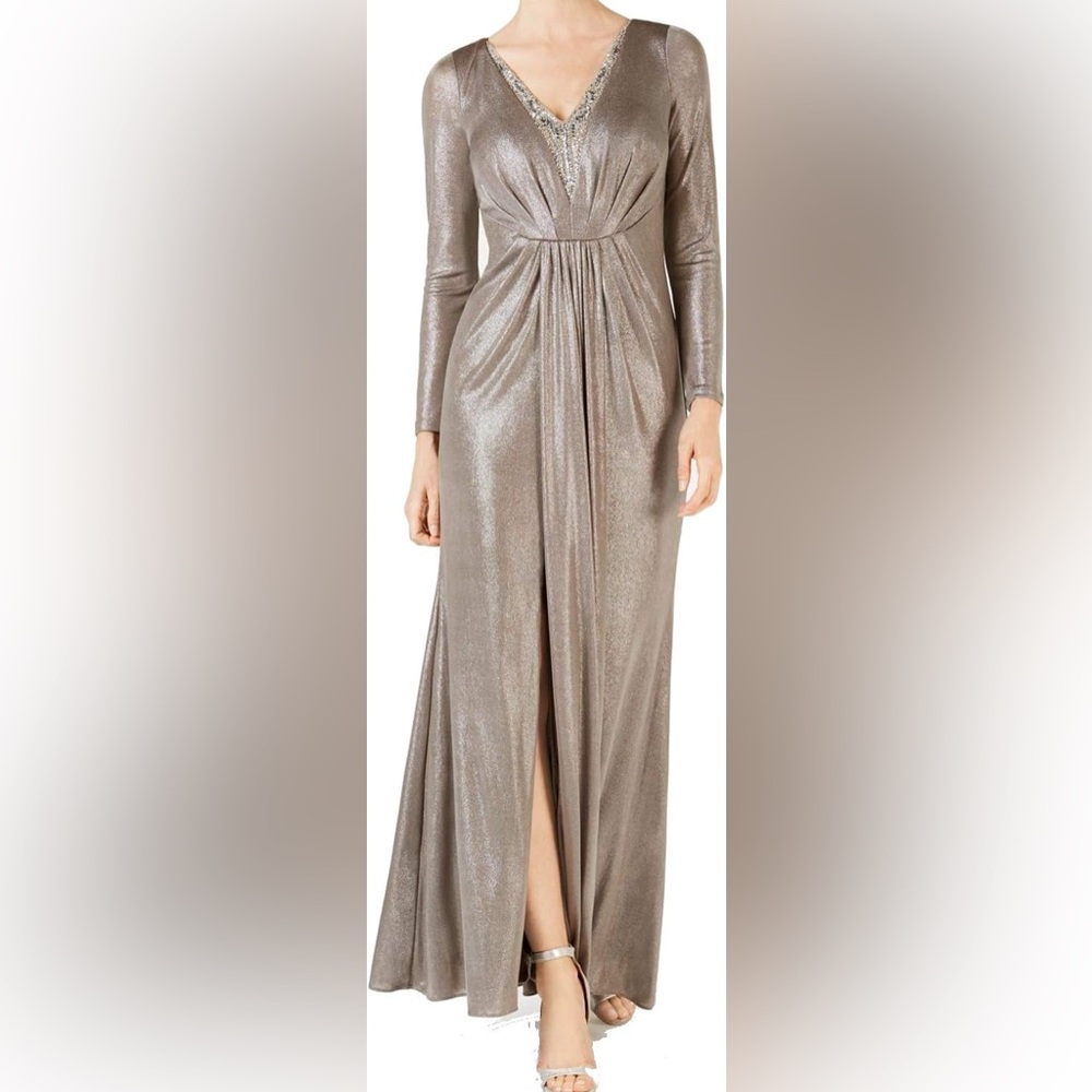 Adrianna Papell Shimmering Silver Long Sleeve Dress
